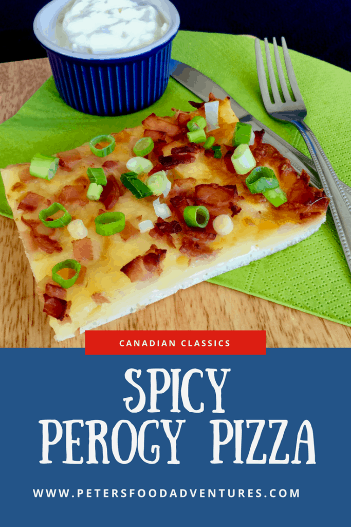 Perogy Pizza is a spicy pizza with layered potato, bacon, cheese topped with sour cream and green onion. Absolutely delicious, a Canadian classic! Spicy Perogy Pizza just like Boston Pizza's