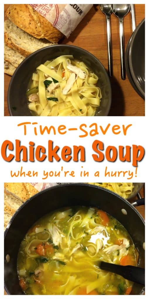 An easy chicken noodle soup, made with a rotisserie chicken. Meaty and nutritious for your whole family. An easy comfort food for an easy weeknight dinner.