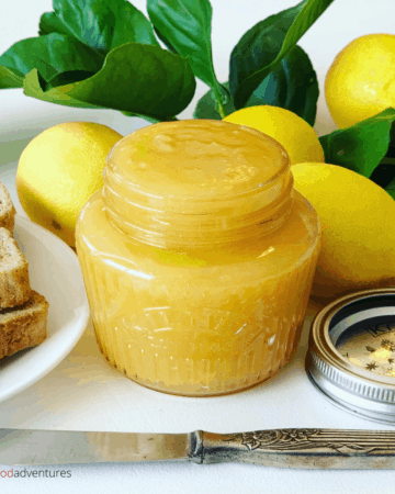 This Lemon Curd or Lemon Butter, is bursting with lemon citrus goodness. Easy to make and so tasty! Smooth, creamy, tangy, yet sweet. Perfect breakfast treat on toast, waffles, scones, pancakes and more.