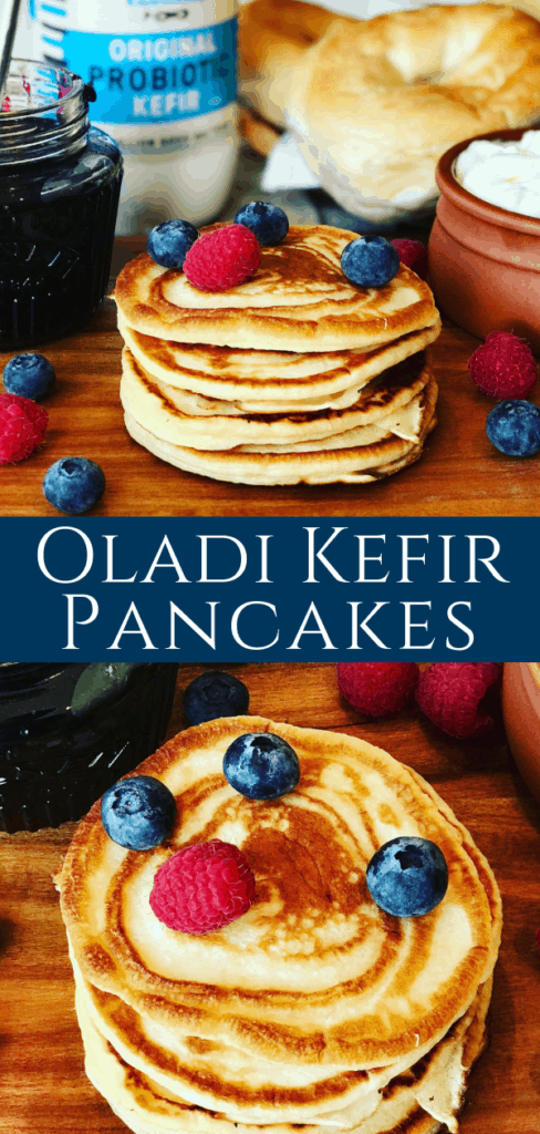Oladi - Russian pancakes made with Kefir, topped with fresh berries, blueberry jam and sour cream. A healthy and tasty way to make pancakes. Kefir Pancakes (Оладьи)