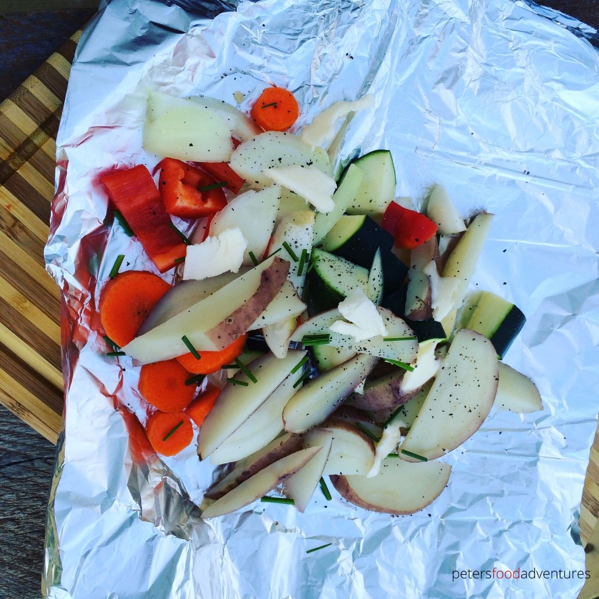chopped vegetables in foil for grilling