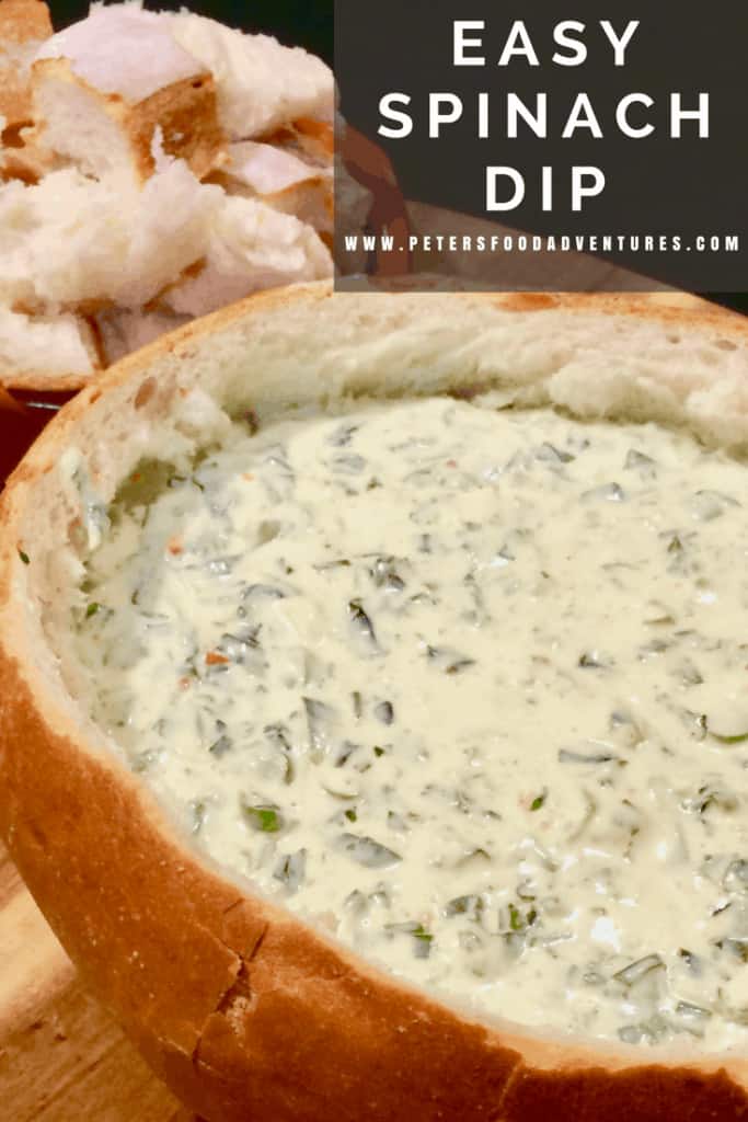 Pinterest Pin showing easy spinach dip in a bread bowl