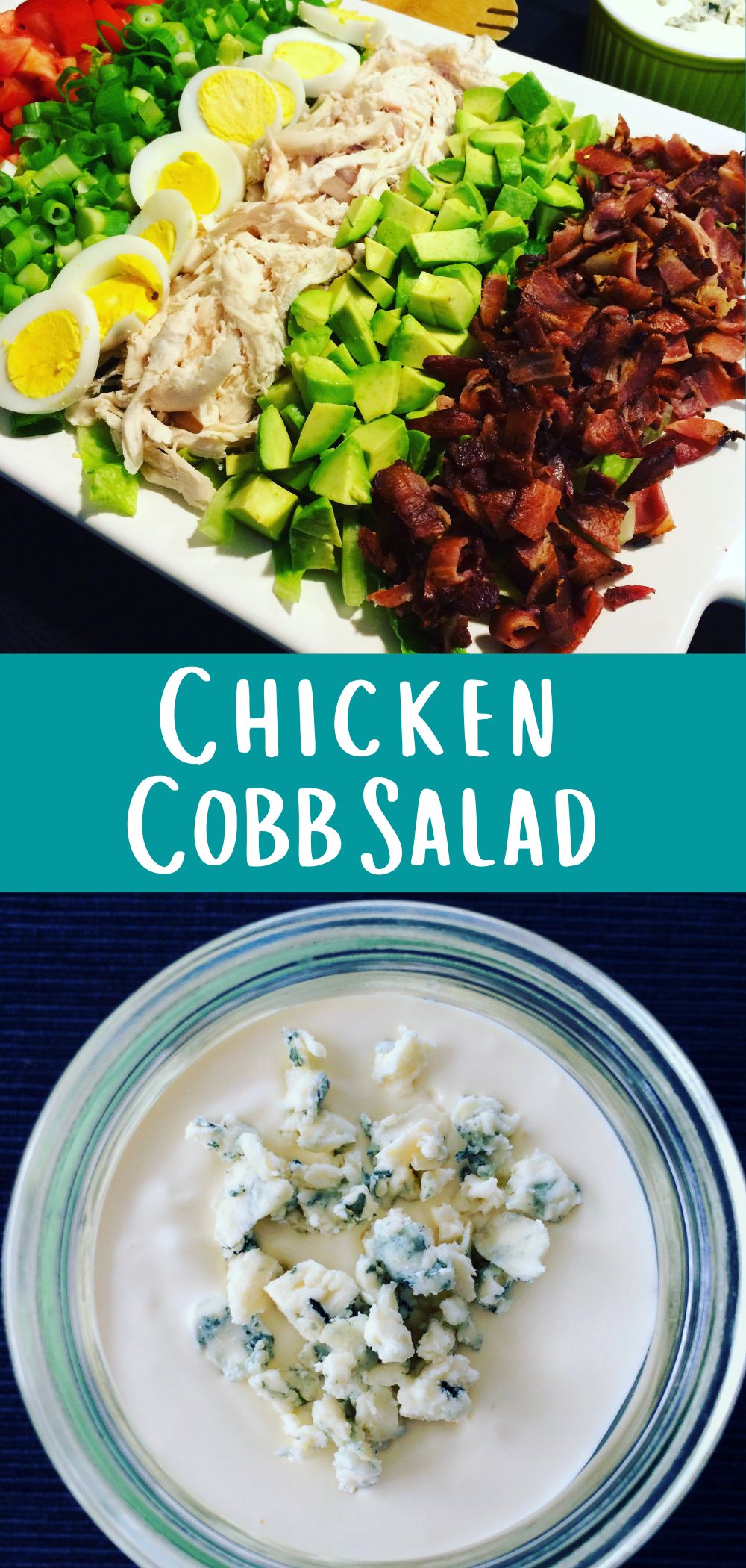cobb salad layered with ingredients and blue cheese