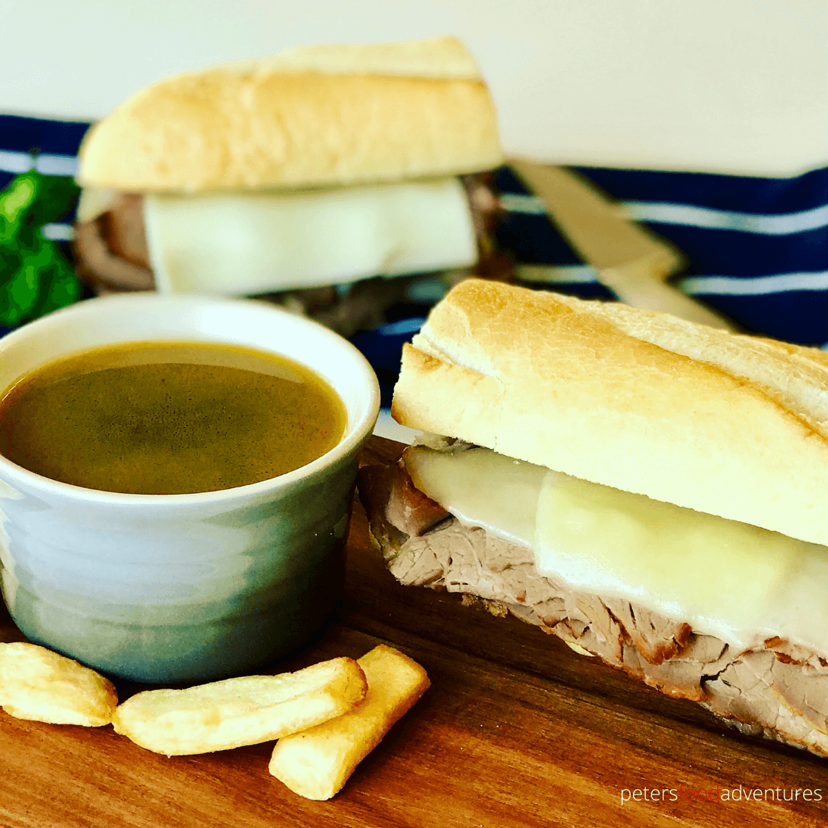 How do they make Au Jus for French Dip? Here's how! A Homemade Real Au Jus Recipe with a delicious Beef Dip or French Dip Recipe with fresh mushrooms and thyme. Easier than you think. Happy Dipping! French Dip with Easy Au Jus Recipe