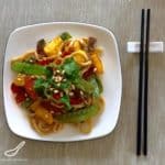 Asian Stir Fry with packed full of healthy veggies like Summer Squash also knowns as Pattypan or Zucchini, Snow Peas, Pine nuts, Peppers, Noodles and more!