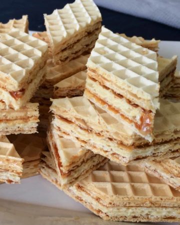 Super easy to make, and so caramel-y and sticky. It's known by several different names in Eastern Europe, Вафли, Oblandi, or Oblate - Vafli Wafer Cake with Caramel (Вафли)