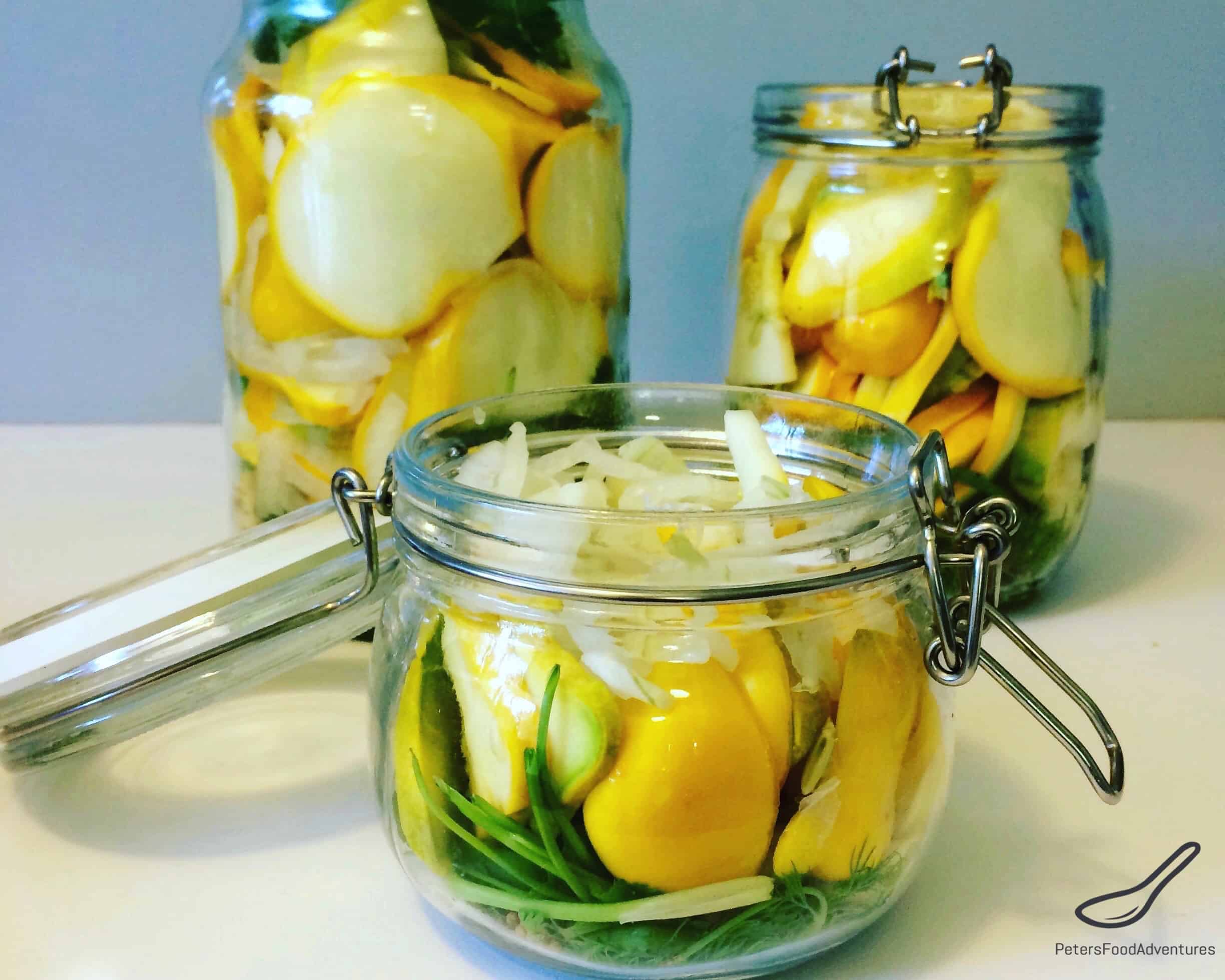 Quick Pickled Squash - A great way to preserve your pattypan vegetables through pickling without canning. These are so good! Throw a few on a hamburger, Perfect condiment for bbq season this summer!