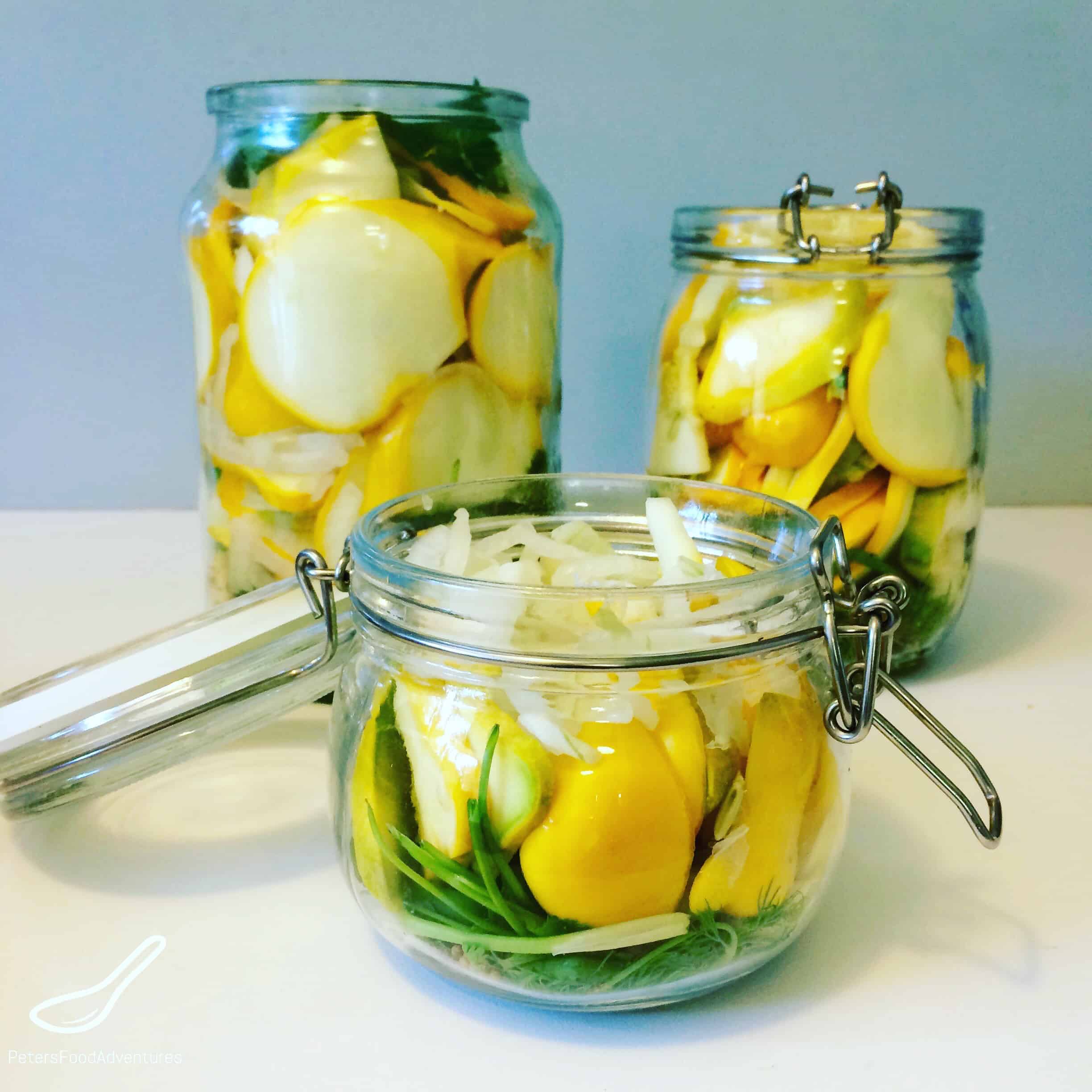 Quick Pickled Summer Squash - A great way to preserve your vegetables. These are so good! Throw a few on a hamburger, Perfect condiment for bbq season this summer!