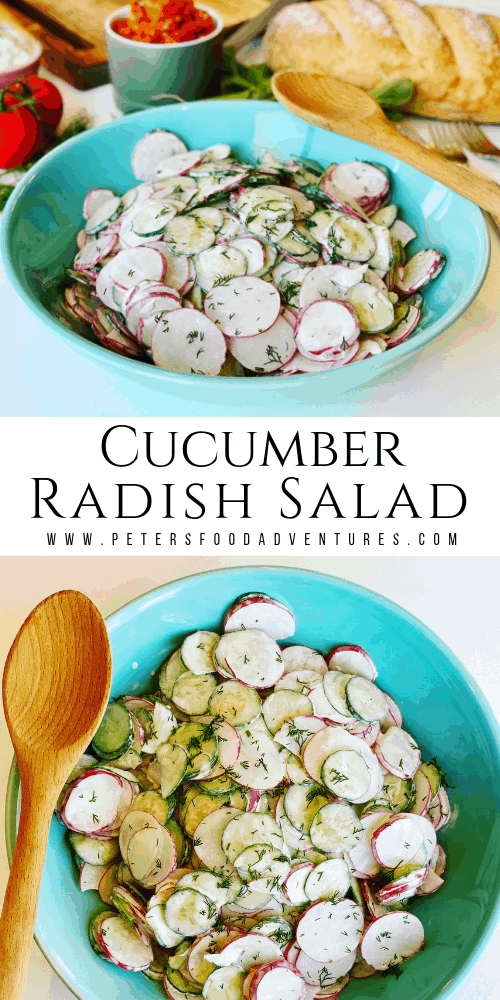 Russian Radish Salad is a simple and rustic salad. Tossed in a creamy sour cream dressing with fresh dill. A delicious addition to your summer salad rotation. Creamy, crunchy, radish and cucumber salad is healthy and full of flavor