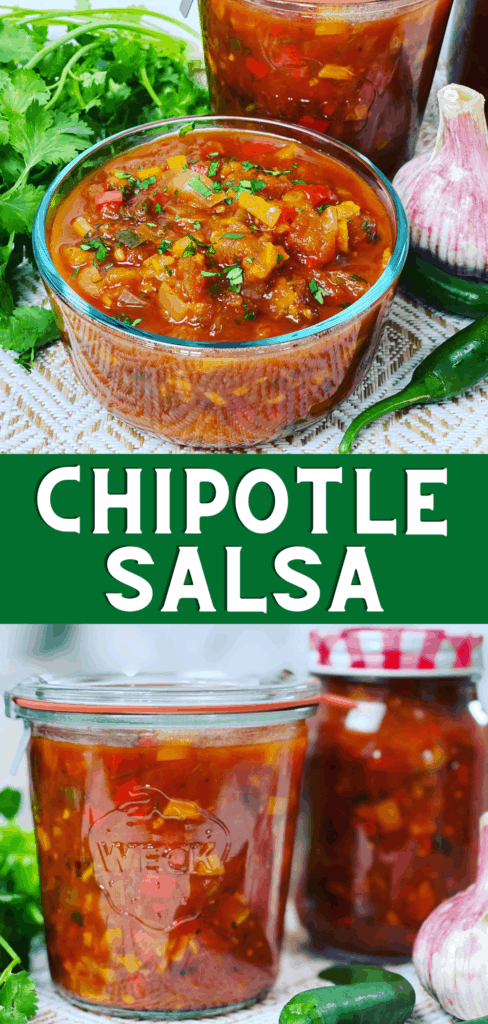 Full of flavor with smokey chipotles, garden fresh tomatoes and sweet chili peppers. A chunky chipotle salsa recipe that's perfect for canning.