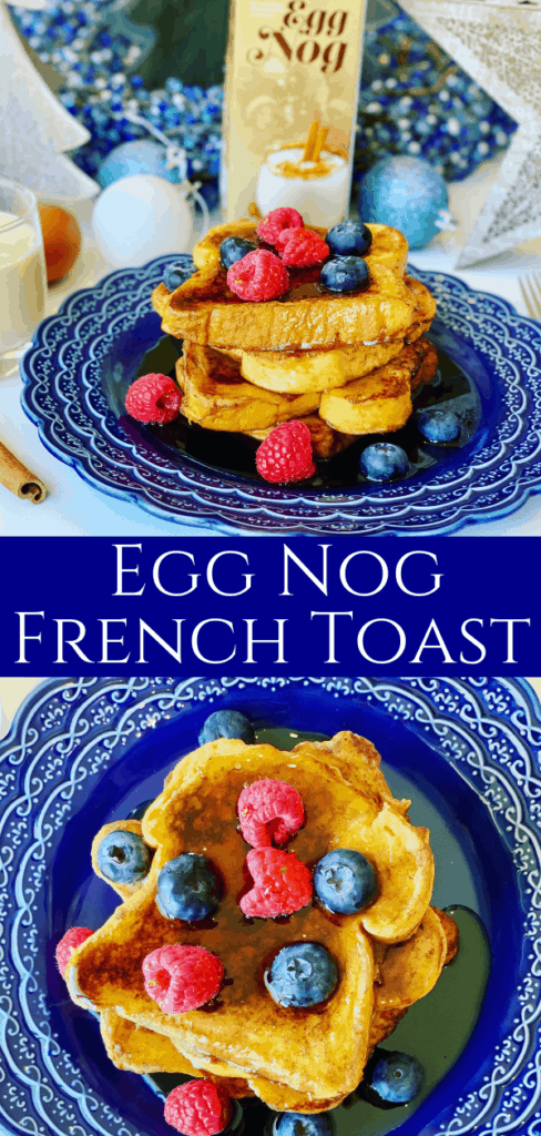 Eggnog French Toast is the perfect Christmas morning breakfast treat. Delicious and easy to make. Made with cinnamon and nutmeg, served with maple syrup and whipped cream.
