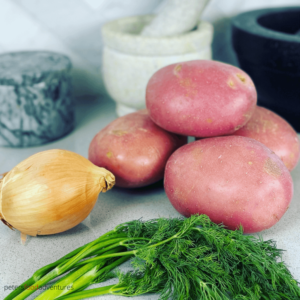 fried potato ingredients with dill