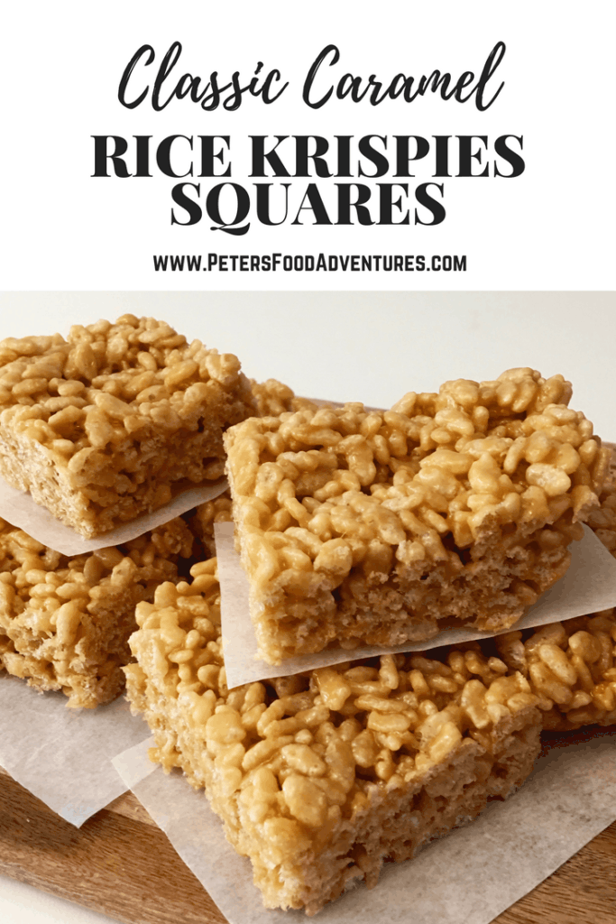 A nostalgic treat from the good old days. A gooey caramel treat, recipe found on the back of an old cereal box! Easy and delicious, just like the original! Caramel Rice Krispies Squares