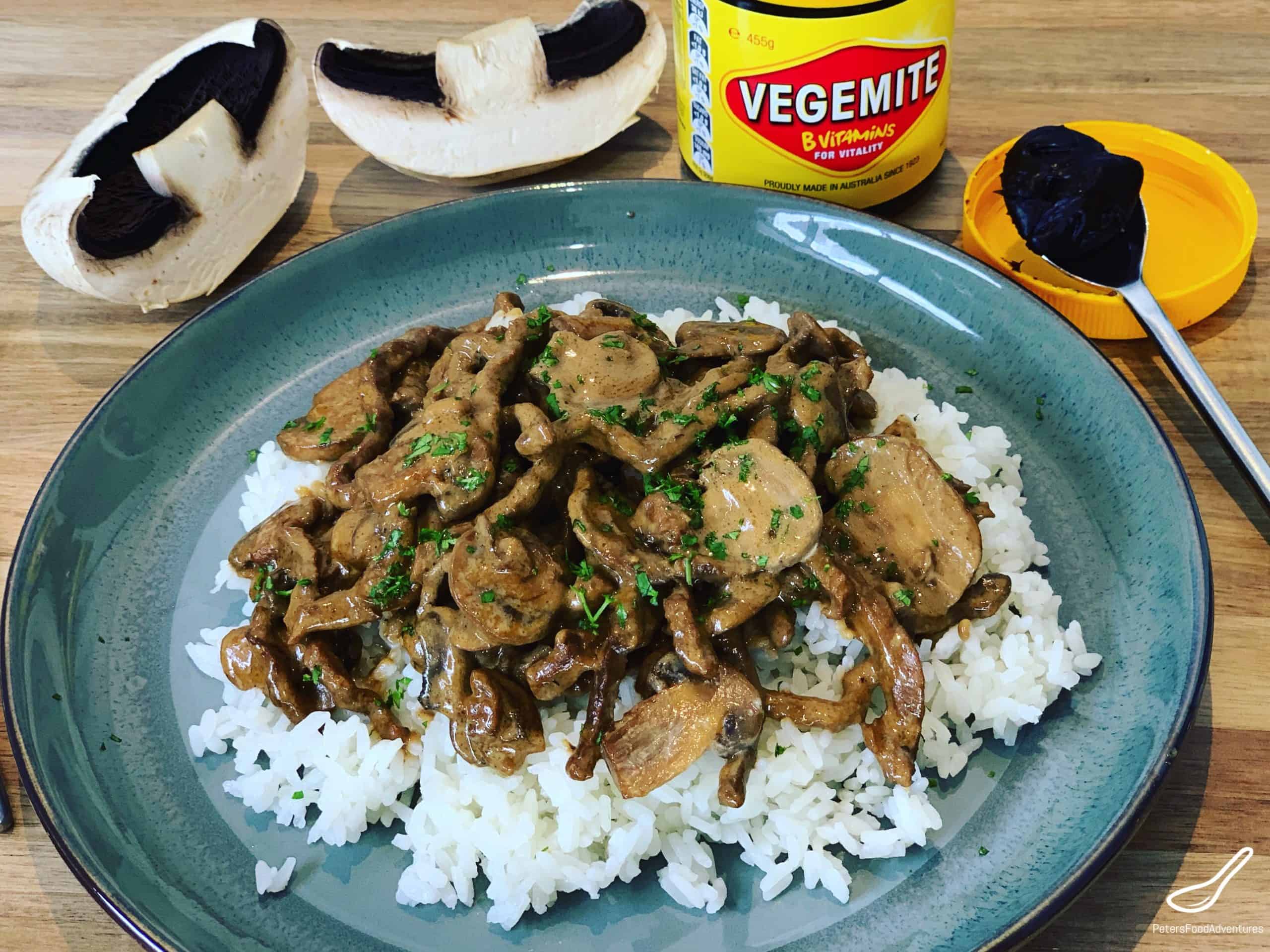 Vegemite Stroganoff made with Aussie Vegemite, made with beef, mushrooms and served over rice. A new Vegemite recipes everyone will love!