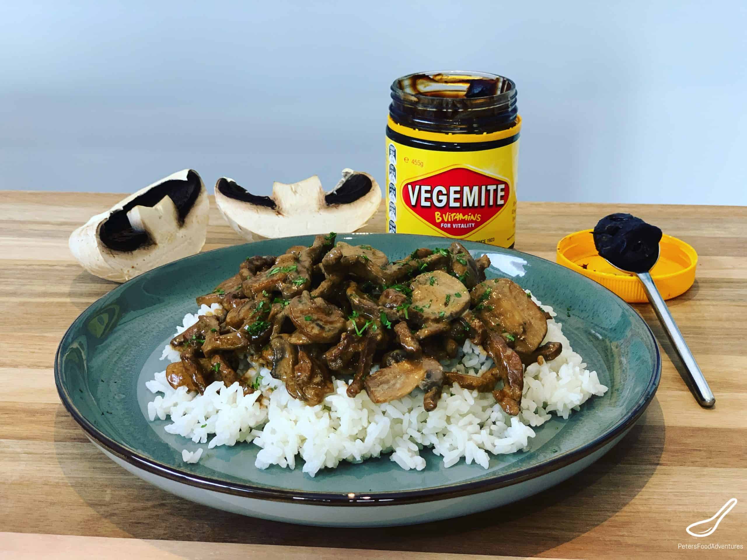 Vegemite Stroganoff made with Aussie Vegemite, made with beef, mushrooms and served over rice. A new Vegemite recipes everyone will love!