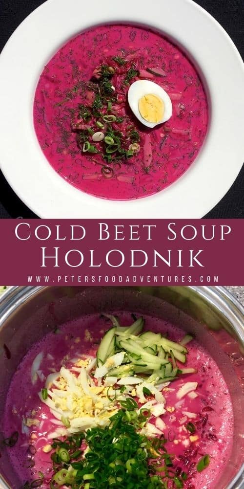 Cold Beet Soup in a bowl and pot