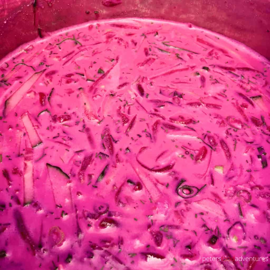 close up of pink soup called holodnik, a cold beet soup