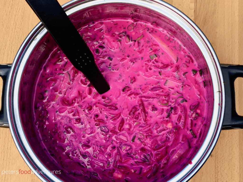 A delicious vegetarian Cold Beet Soup, made from beets, cucumbers, kefir and lots of dill - called Holodnik (холодник). Full of Probiotics. Tasty like Okroshka or Svekolnik, the perfect chilled soup on a hot summer's day.