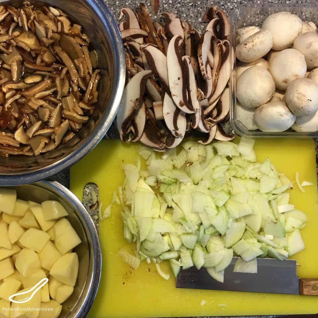 sliced onions and mushrooms for mushroom soup