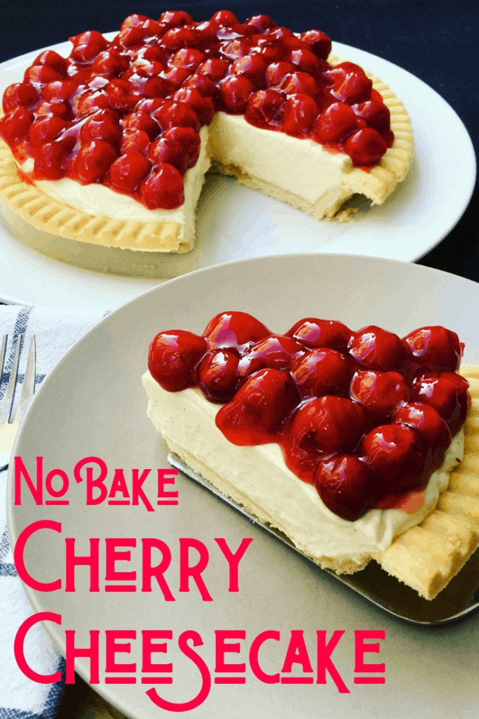 cherry cheesecake slice on a plate, pinterest pin