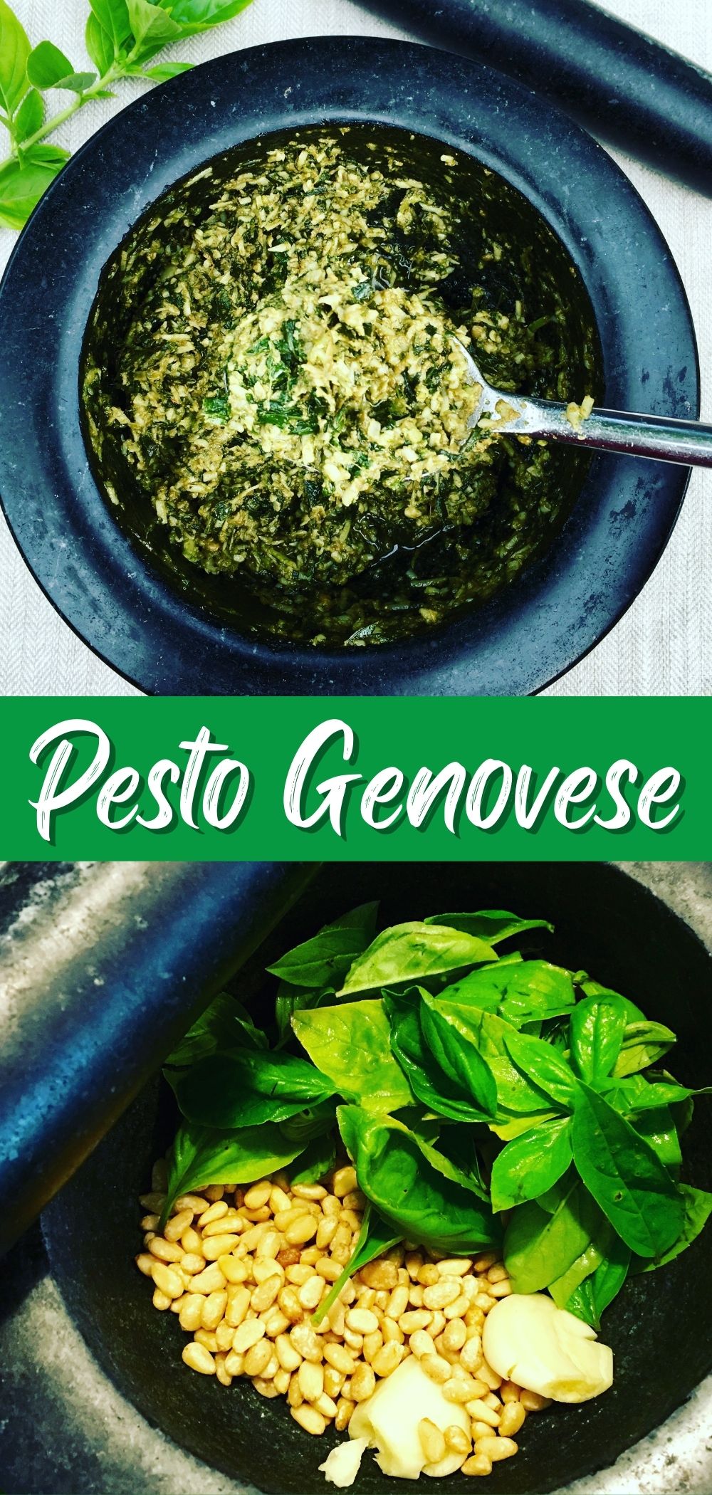 pesto made in a pestle and mortar