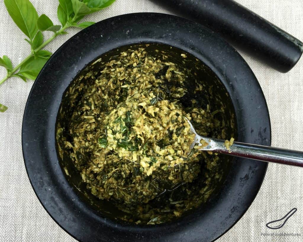 Homemade Pesto smashed in a Mortar and Pestle