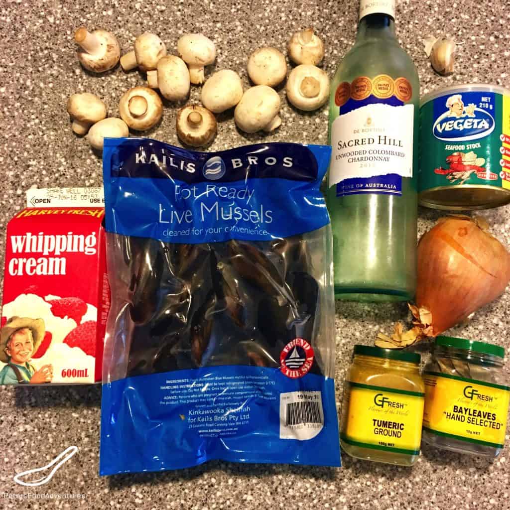 ingredients for steamed mussels in wine
