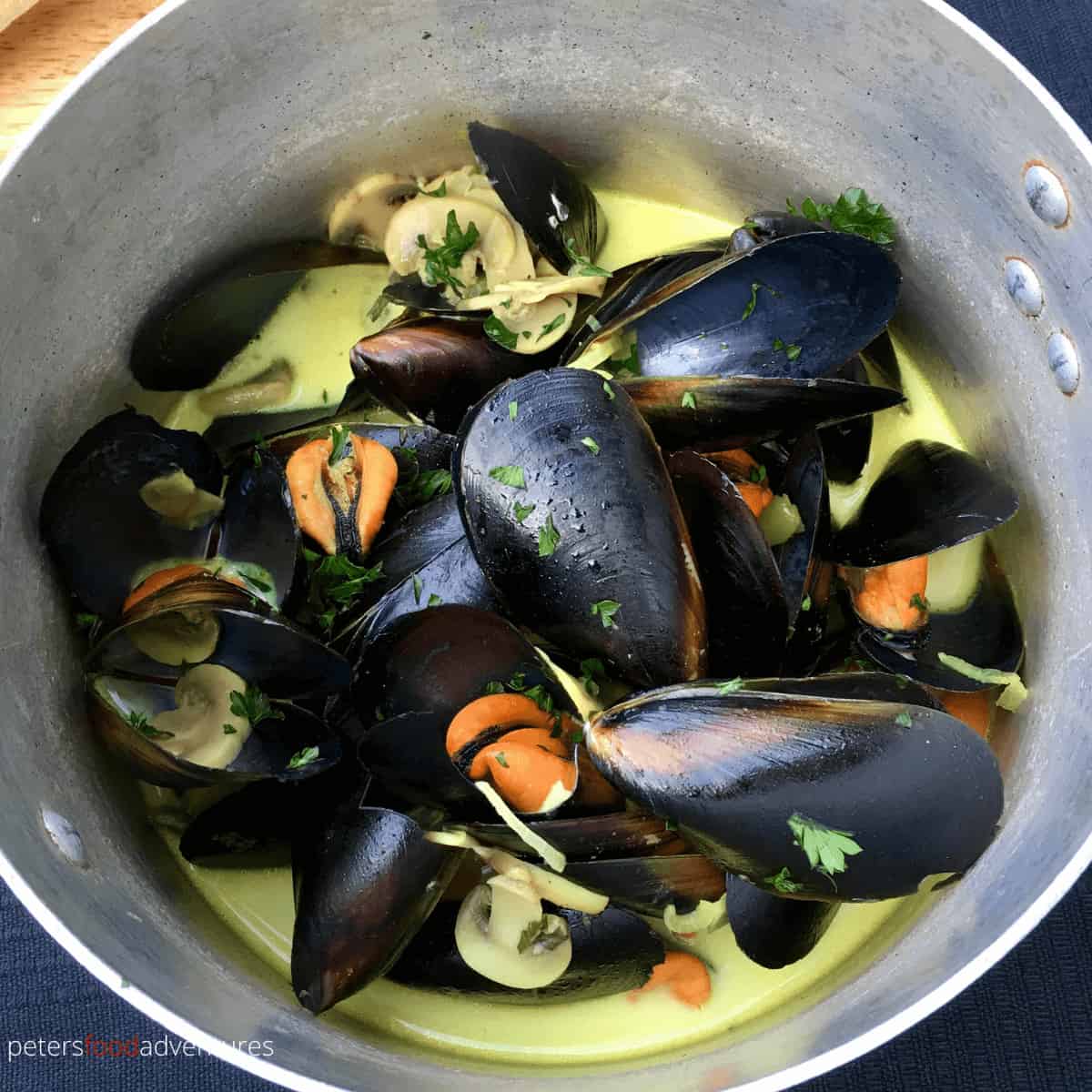 mussels in white wine in a pot