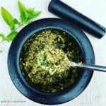 Pesto made in a pestle and mortar in a spoon