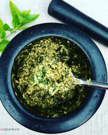 Pesto made in a pestle and mortar in a spoon