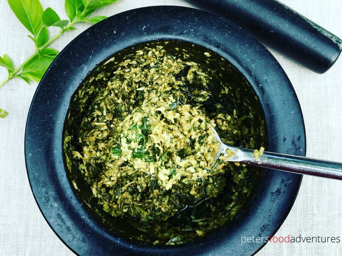 Authentic Pesto Genovese in a Pestle and Mortar