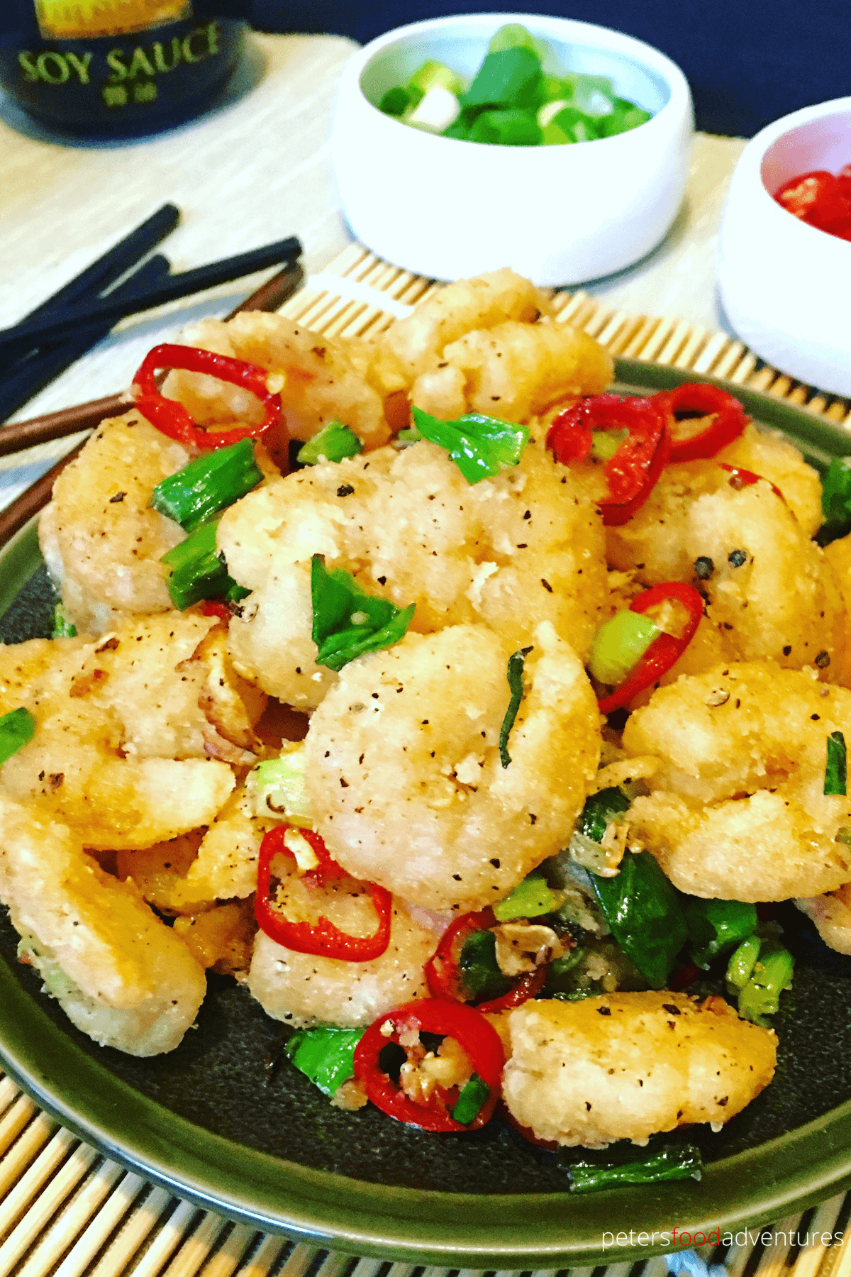 Chinese Salt and Pepper Shrimp is a quick, crunchy and delicious appetizer! An Asian style Popcorn Shrimp that's easy to eat, because there is no shell! Salt and Pepper Shrimp No Shell recipe.