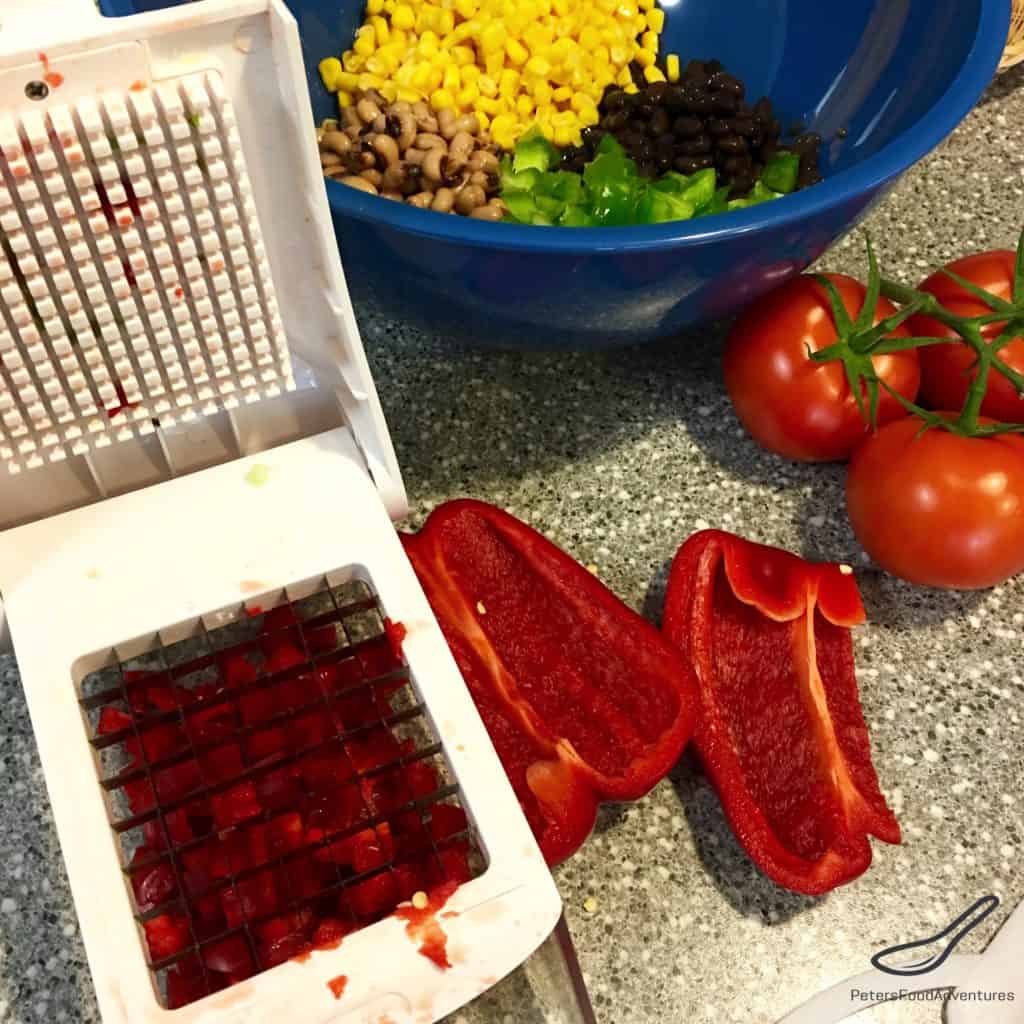 Texas Caviar recipe, chopping red peppers