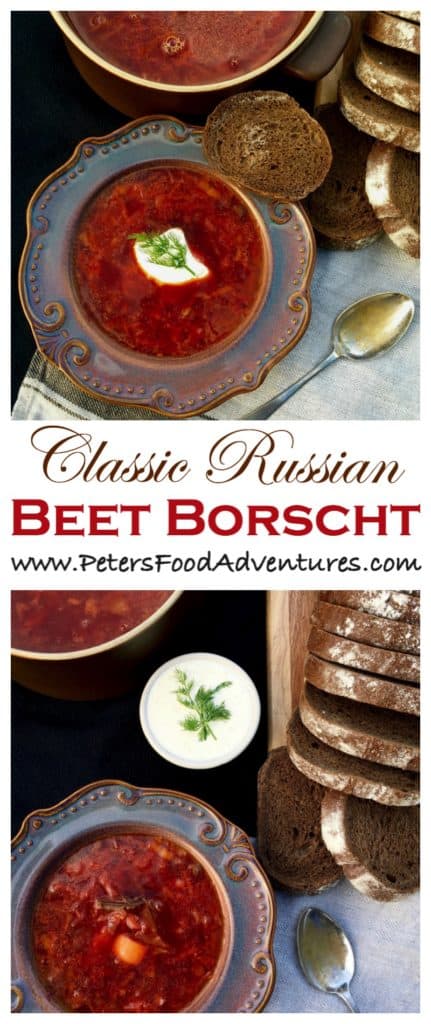 This is a genuine Russian beet and cabbage soup recipe, easy, delicious and heartwarming. Beef, cabbage, beets, potatoes, and no strange additions or "shortcuts" you find in many borscht soups today - Borscht is so popular, that it was even eaten by Soviet cosmonauts in space. Classic Russian Beet Borscht Recipe (Борщ)