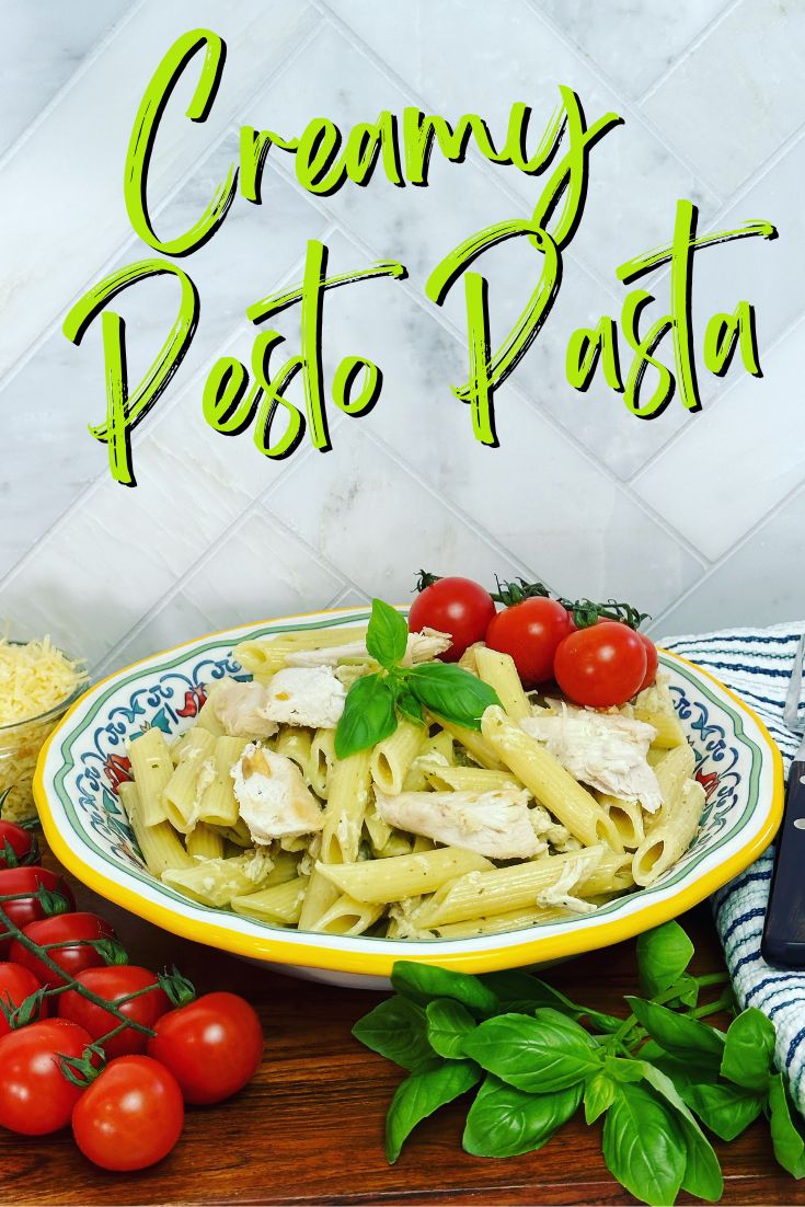 bowl of creamy pesto pasta
