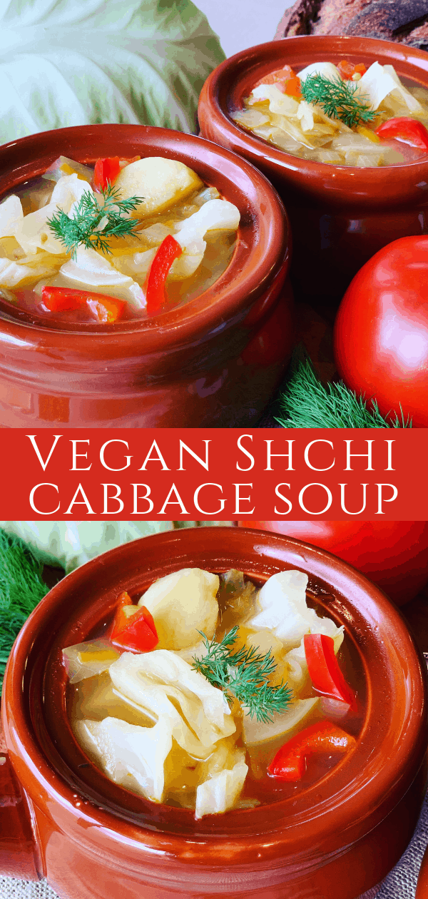 vegan cabbage soup in brown bowls