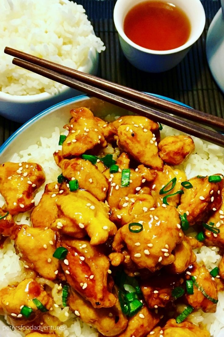 sesame chicken over rice with chinese tea