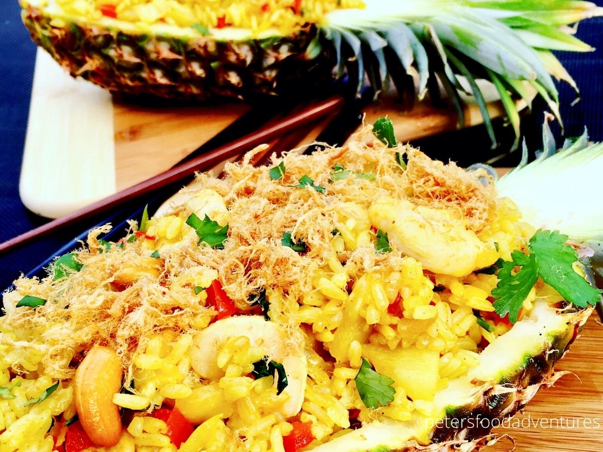 pineapple fried rice served inside pineapples