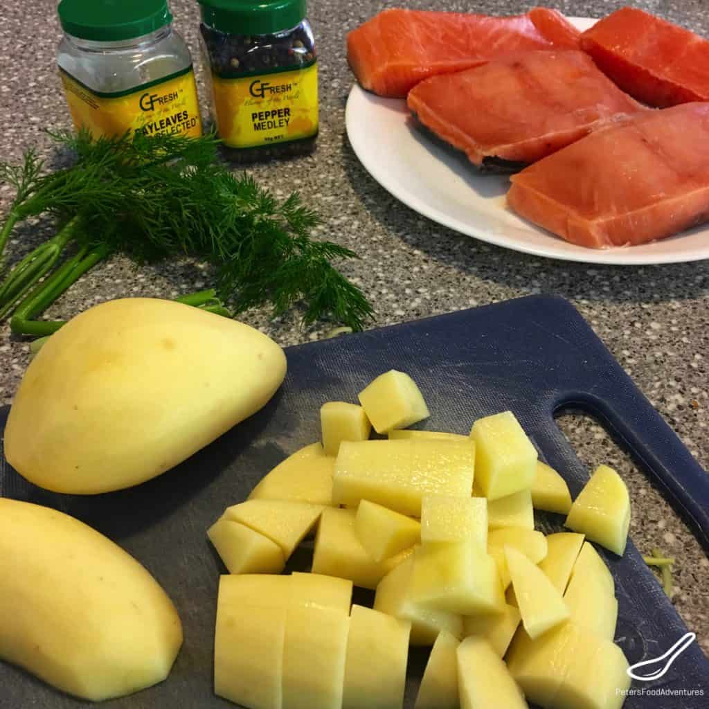 Ukha ingredients, salmon, chopped potatoes and fresh dill