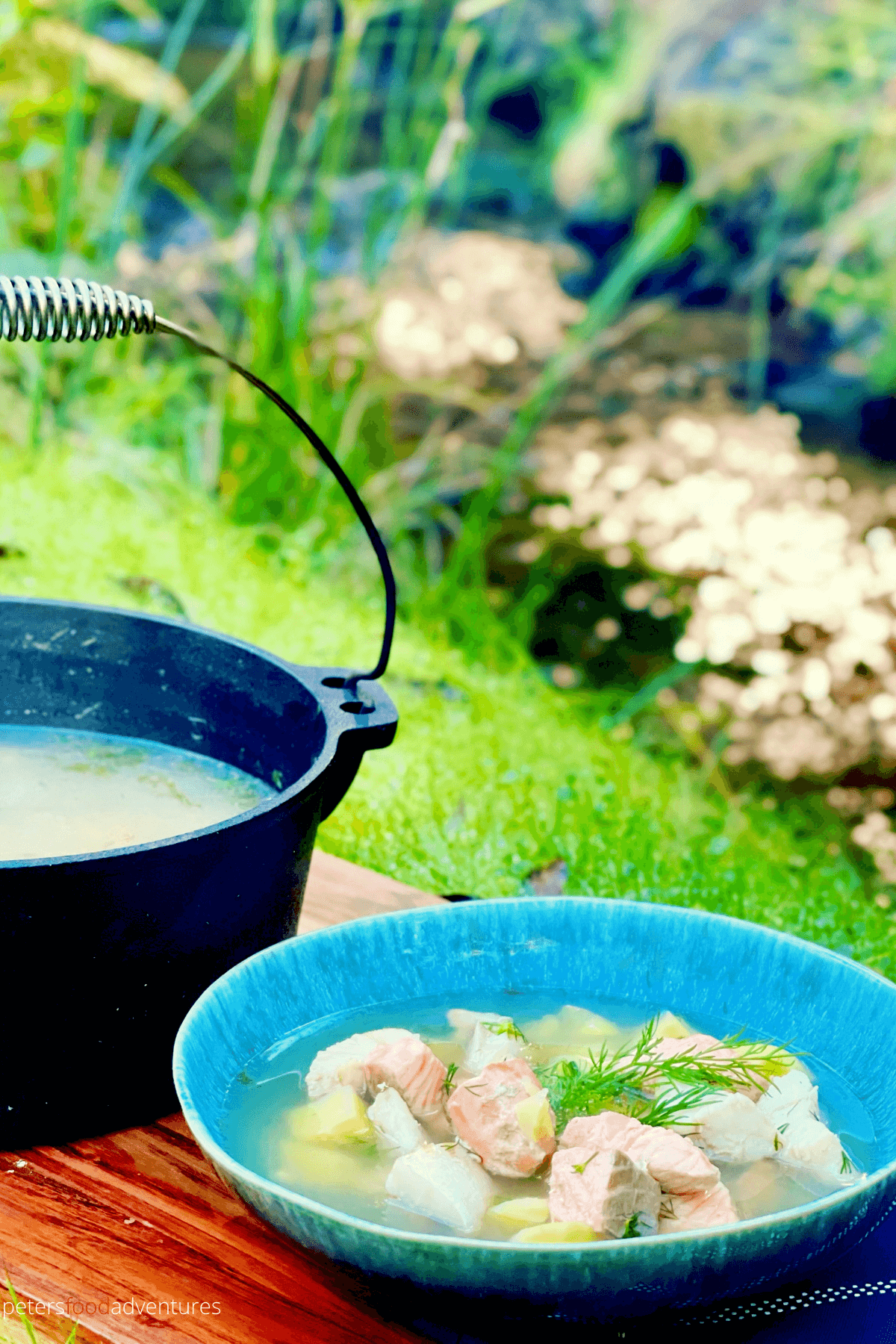 Bowl of Fish soup on a cutting board on green grass
