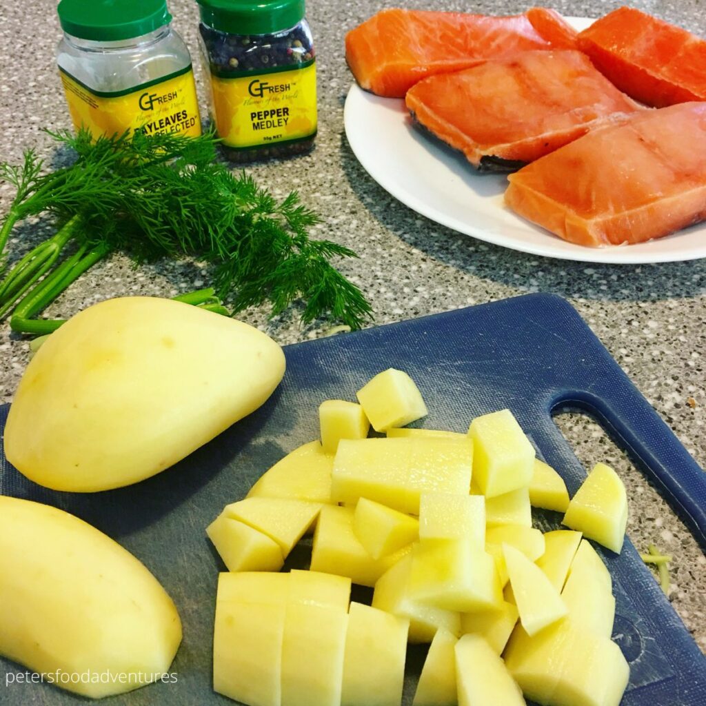 chopped potatoes and fish