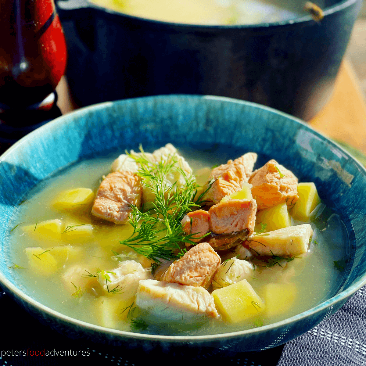 Rustic Russian Fish Head Soup and Fish Broth made with Salmon or Trout, Perch and of course the fish heads with potatoes and dill, enjoyed in Russia for hundred of years - Authentic Ukha Fish Soup (Уха)