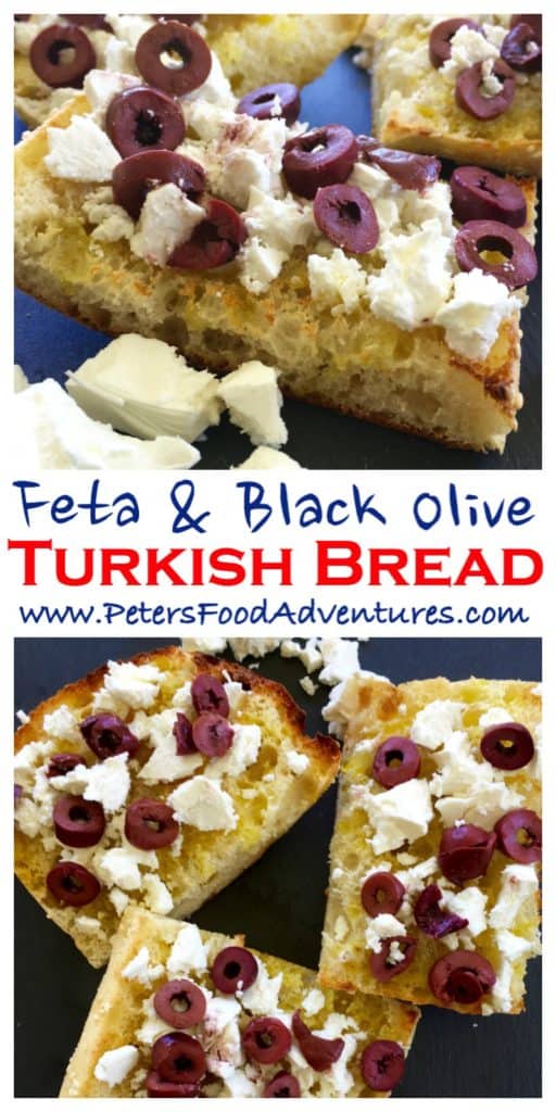 Toasted Turkish Bread with crumbled Feta, generously topped with Kalamata Olives. Fancy toast, perfect for breakfast, delicious lunch or easy snack - Toasted Turkish Pide Bread with Feta & Olives