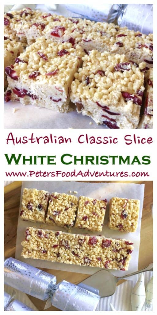 An Australian Christmas favourite, easy to make, loved by kids and grown ups. Perfect for the holidays! Made with Crisco/Copha or virgin coconut oil, dried cranberries, Rice Krispies and white chocolate - White Christmas Slice Recipe