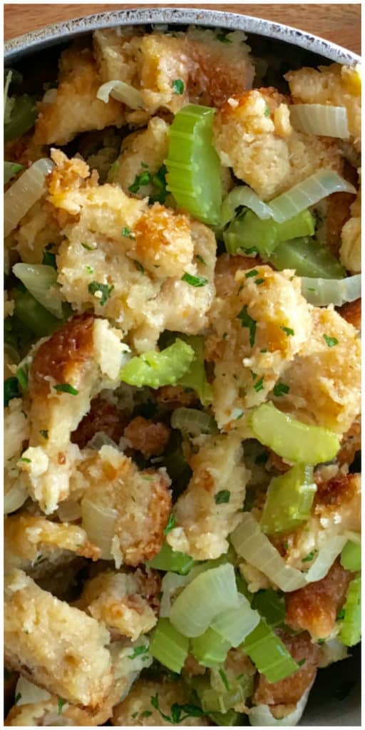This is the best recipe! So easy to make and delicious too! Larger recipe made with a loaf of sliced bread, celery, chicken stock and traditional sage. Trust me, your family will want seconds! Easy Turkey Stuffing Recipe