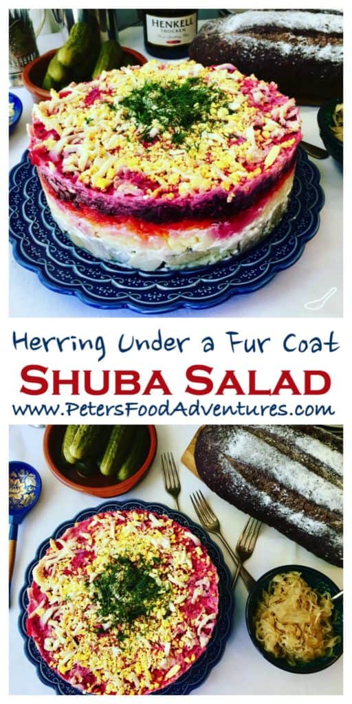 A classic Russian winter recipe, popular especially during New Year celebrations. A layered salad with beets, potatoes, carrots, eggs, herring and lots of mayonnaise! It's like a crazy potato salad! - Shuba Salad or Herring Under a Fur Coat (Селёдка под шубой)