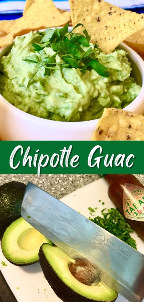 chipotle guac in a bowl and slicing avocados