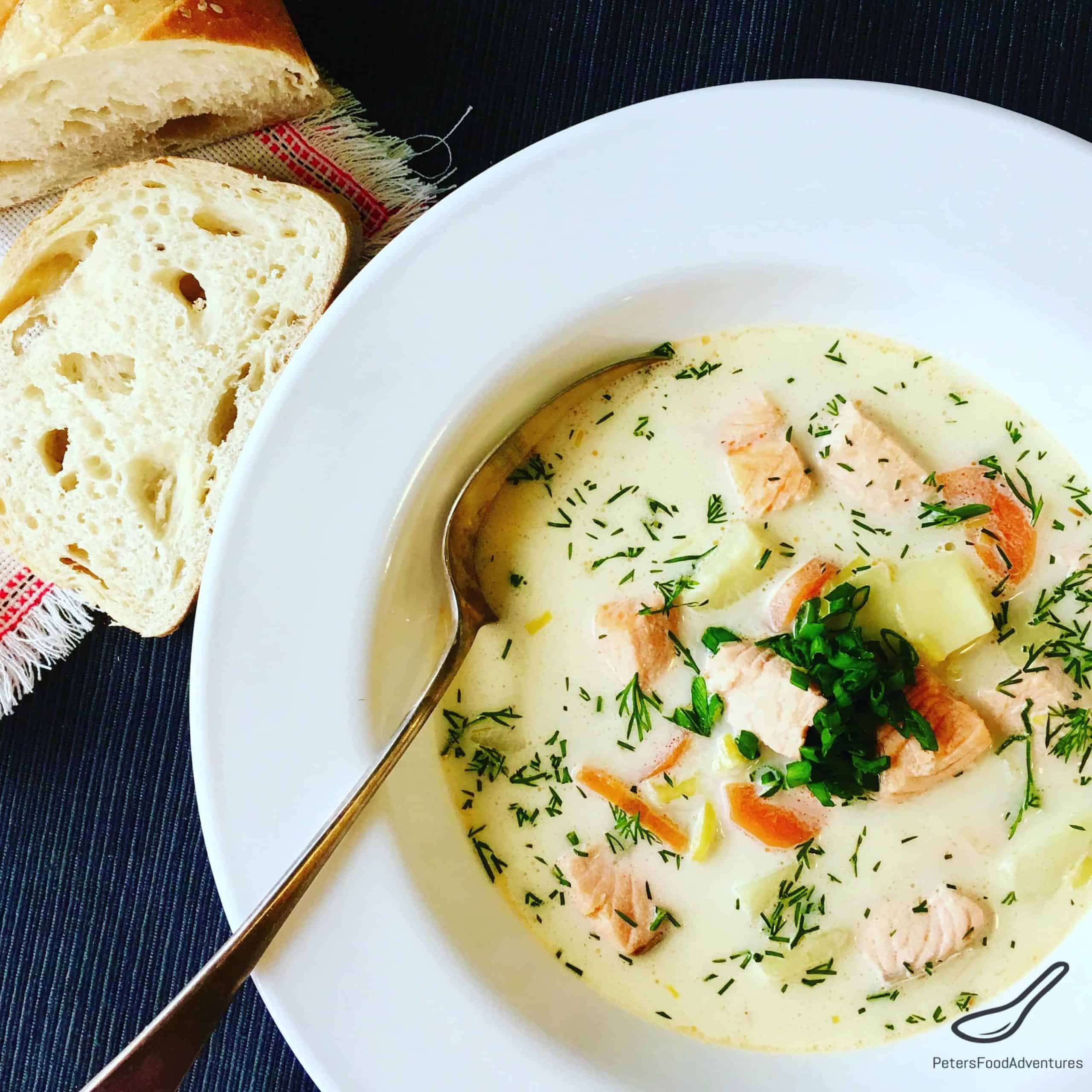 A Creamy Fish Soup made with Salmon and Potatoes (Ukha). Real Fish Broth made with fish heads. Lohikeitto - Finnish Salmon Soup (Финская уха)