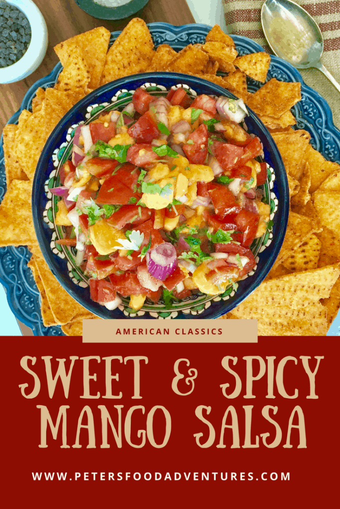 Easy and delicious, sweet, tangy and spicy, the perfect salsa dip snack with nachos for Super Bowl, or simply on top of grilled chicken or fish - Fresh Mango Tomato Salsa