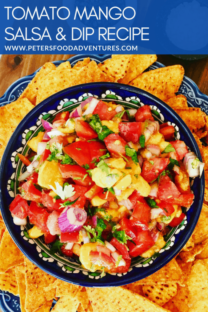 Easy and delicious, sweet, tangy and spicy, the perfect salsa dip snack with nachos for Super Bowl, or simply on top of grilled chicken or fish - Fresh Mango Tomato Salsa